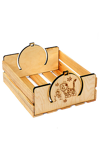 Коробка деревянная 125/X702-93 лоток прямоуг. с резными ручками- нов.год тигренок и снеговик