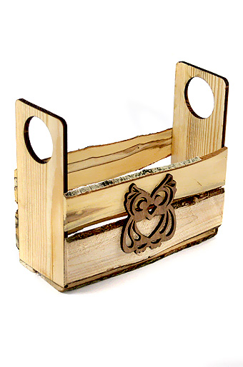 Коробка деревянная 605/111-93 прямоуг. c резными ручками- сова натурель с горбылем